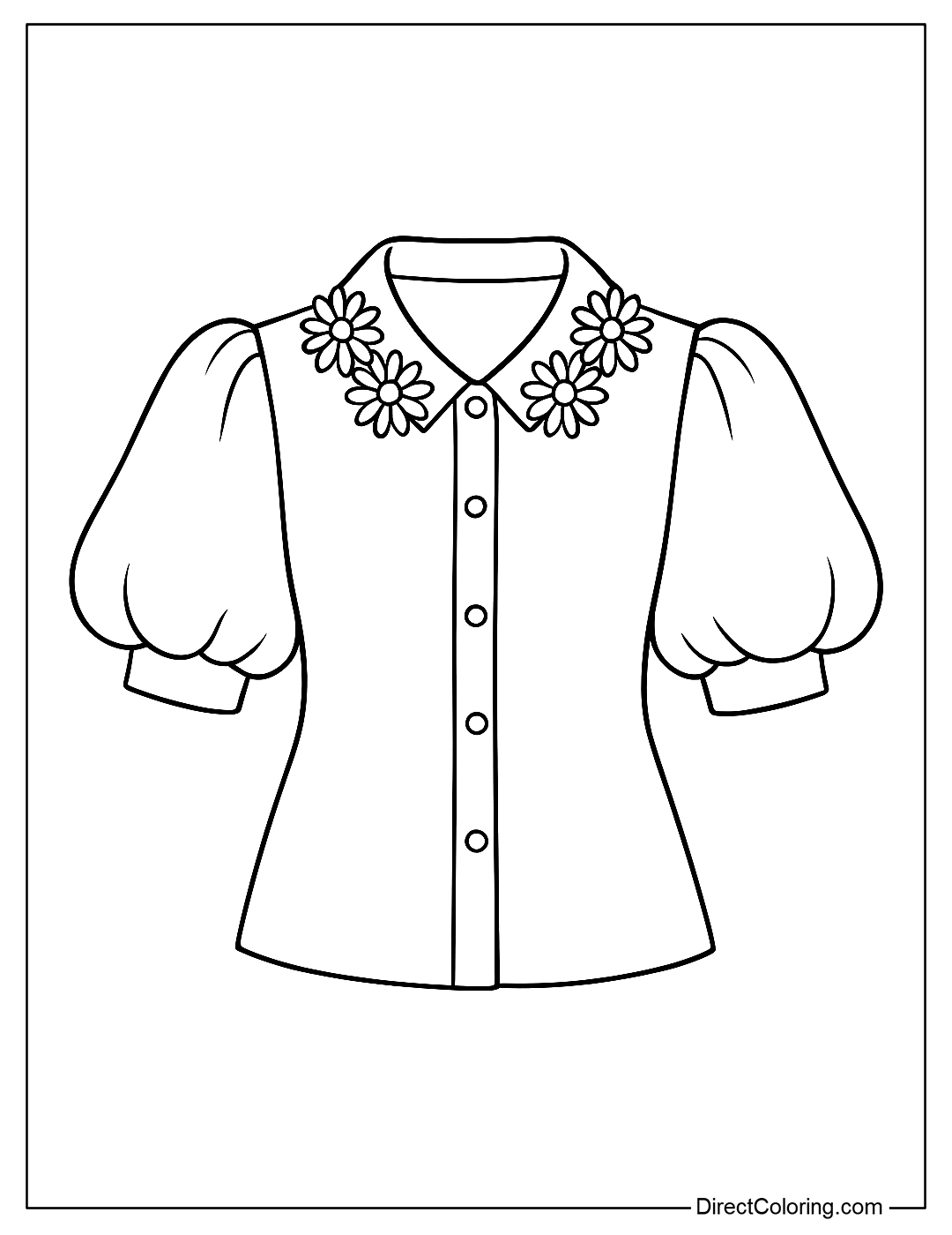 A gentle shirt coloring page with a white daisy collar, puffy sleeves like flower petals